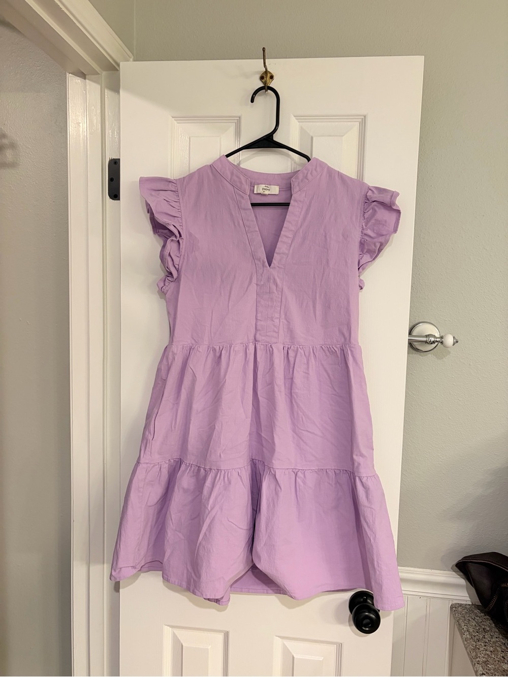 Entro Women’s Lavender Tiered Dress Large Flutter Sleeve Purple Cotton Blend
